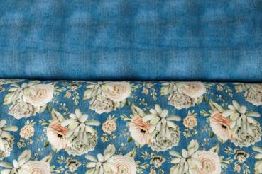 Preview: French Terry angeraut Rose & Echeveria auf Jeansoptik Blau